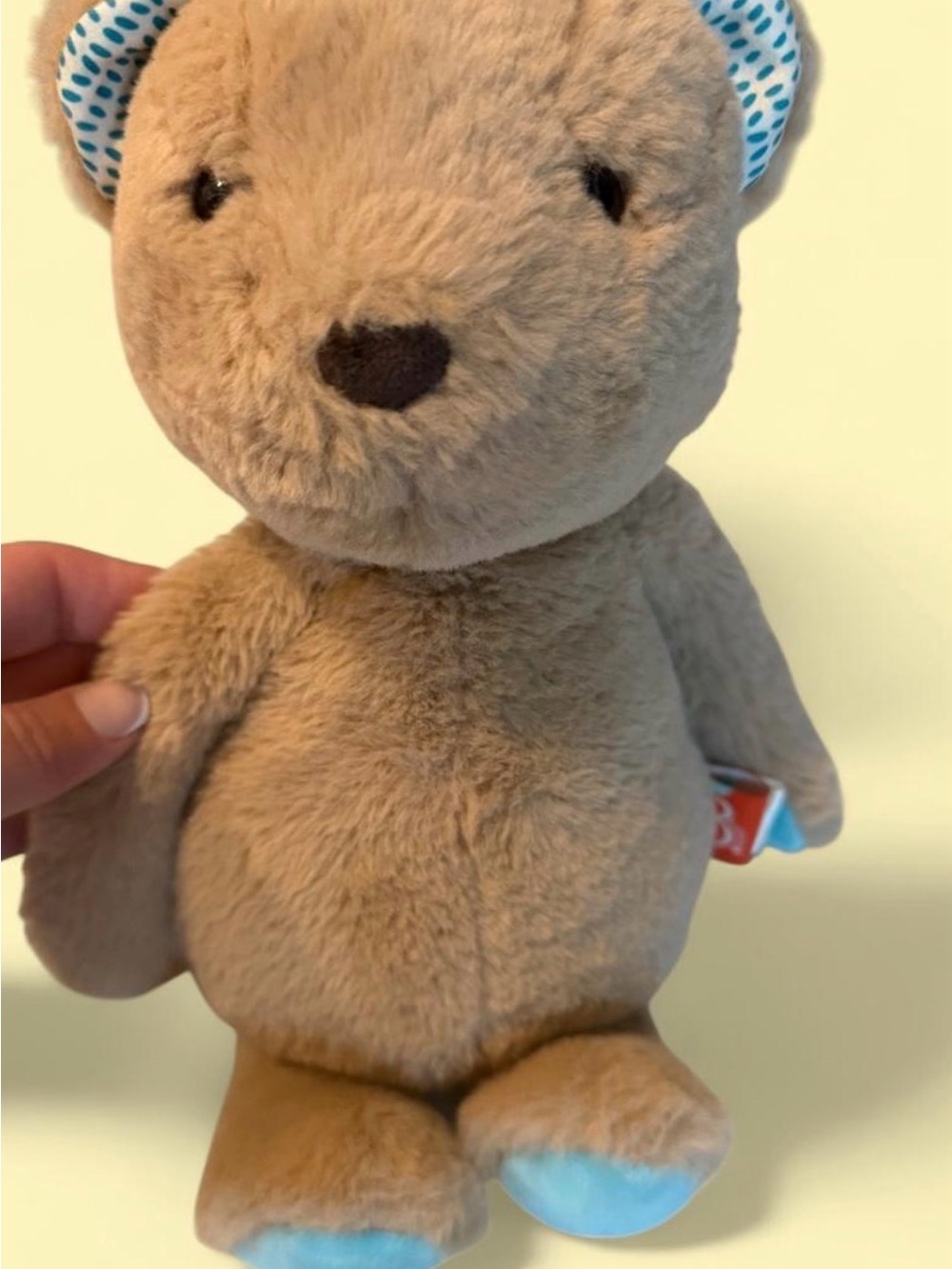 Plush Tan Bear Toy with Blue Accents -Friendly Cuddle Toy